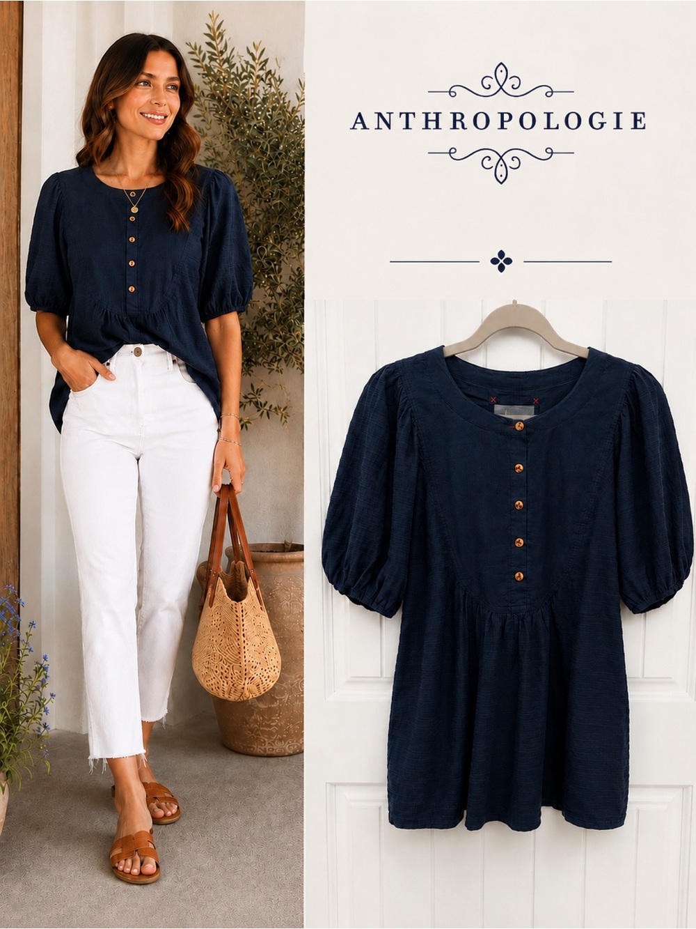 Anthropologie Navy Textured Cotton Puff Sleeve Top